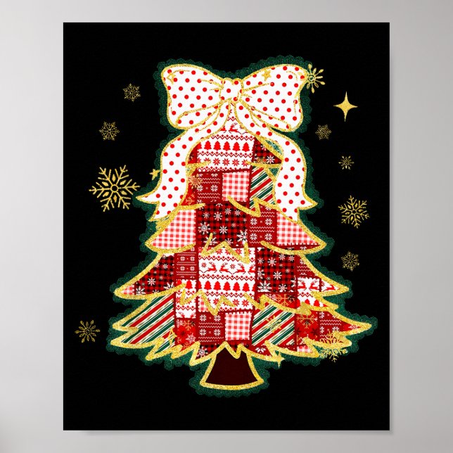 Poster Patchwork Christmas Tree Coquette Bow Xmas Holiday (Frente)
