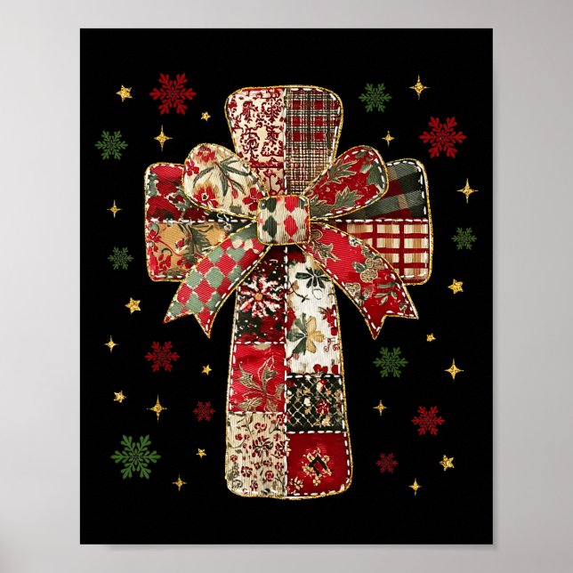 Poster Patchwork Cross Christian Christmas Coquette Bow  (Frente)