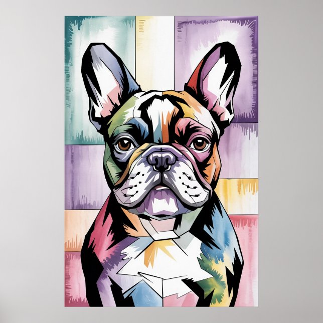 Poster Patchwork Frenchie Geométrico Neon Bulldog Francês (Frente)