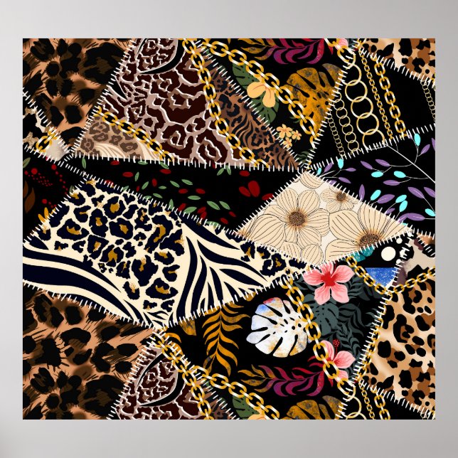 Poster Patchwork Leopard: Design de Linhagem Étnica. (Frente)