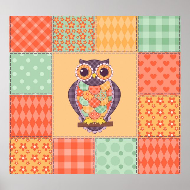 Poster Patchwork Owl Vintage Padrão sem costura (Frente)