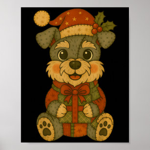 Poster Patchwork Schnauzer Dog With Santa Hat For Christm