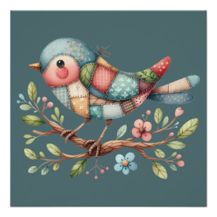 Pôster Patchwork Songbird on Blooming Branch