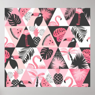 Poster Patchwork Tropical: Flamingo Watermelon Seamless.