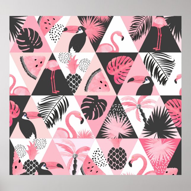 Poster Patchwork Tropical: Flamingo Watermelon Seamless. (Frente)
