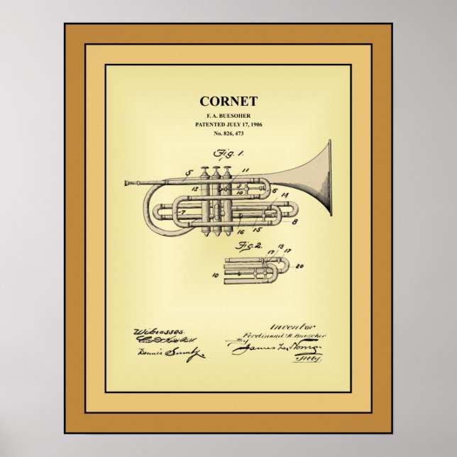 Poster Patent Drawing ~ F. A. Buesoher ~ Cornet ~ (Frente)