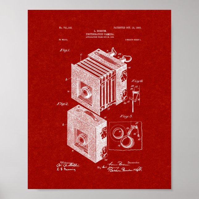Pôster Patente da câmera fotográfica - Vermelho borgonha (Frente)