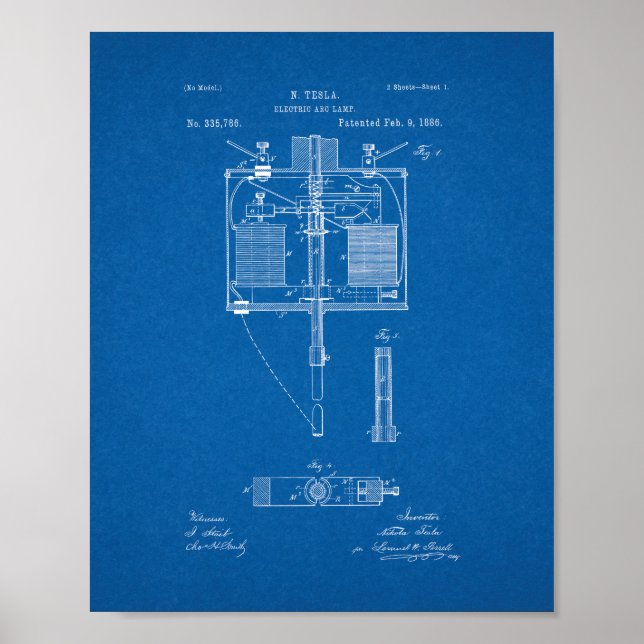 Pôster Patente da lâmpada de arco elétrico - Blueprint (Frente)