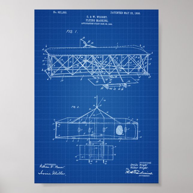 Pôster Patente de avião Wright Brothers - Blueprint (Frente)
