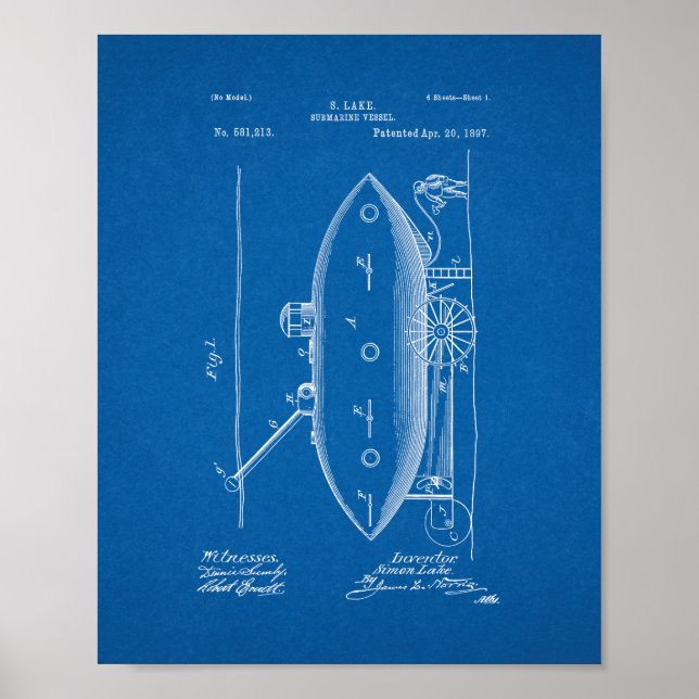 Poster Patente do navio submarino - Blueprint (Frente)