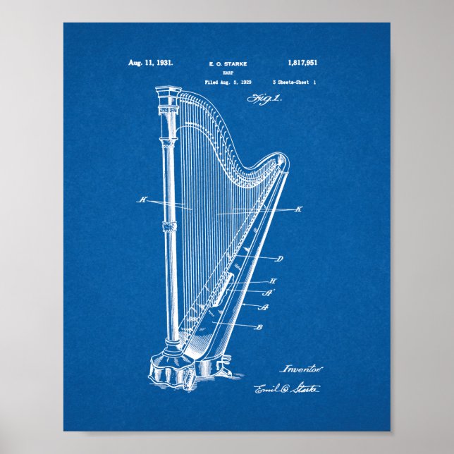 Pôster Patente Harp - Blueprint (Frente)