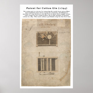 Pôster Patente ORIGINAL para o Gin de algodão (1794)
