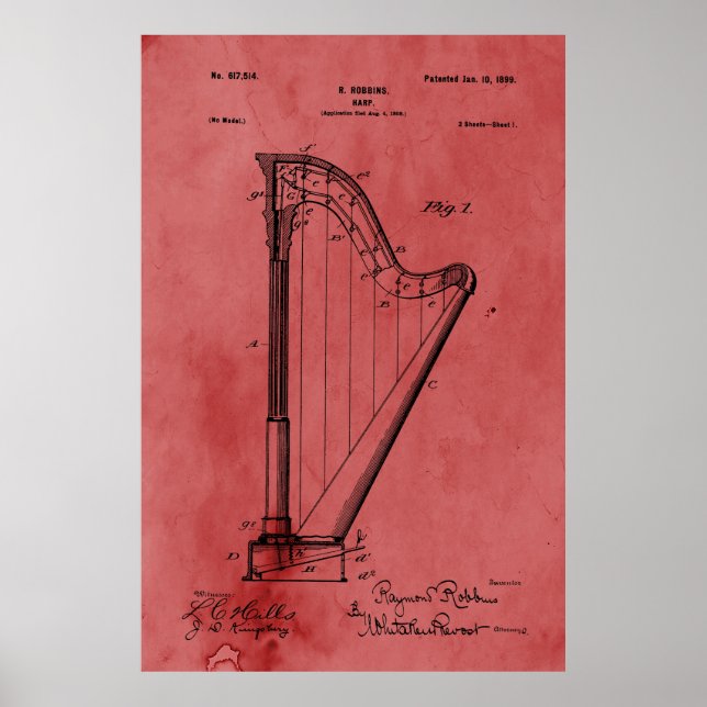 Pôster Patente Vintage Rosa Harp (Frente)