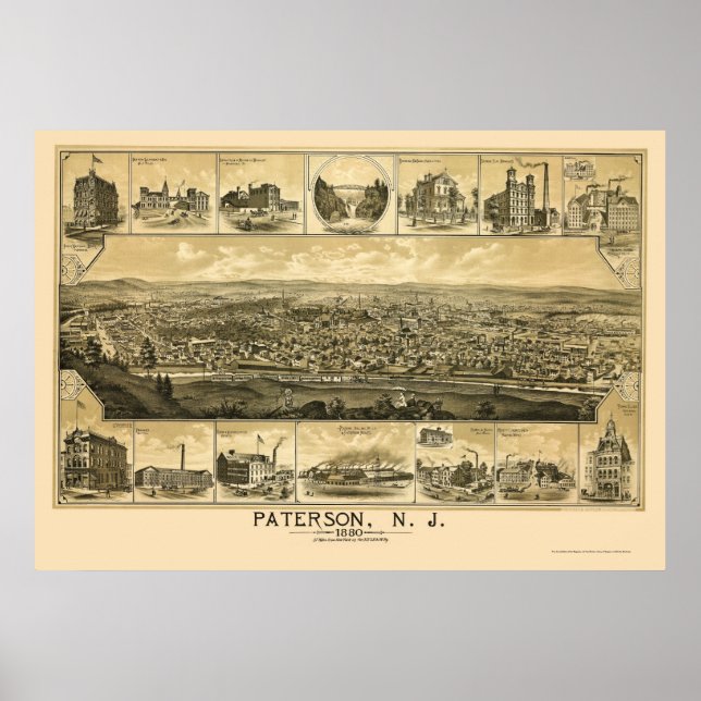 Pôster Paterson, Mapa Panorâmico NJ - 1880 (Frente)