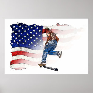 Poster Patinete Stunt Rider e Sinalizador dos EUA