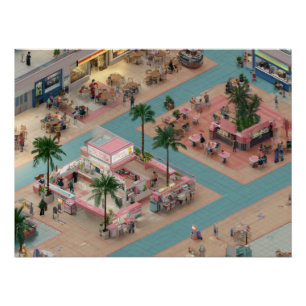 Pôster Pátio de Alimentação de Shopping Isométrico Retro