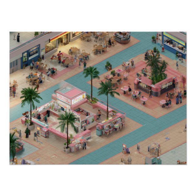 Pôster Pátio de Alimentação de Shopping Isométrico Retro  (Frente)