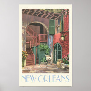 Poster Pátio de Nova Orleães, estilo das viagens vintag