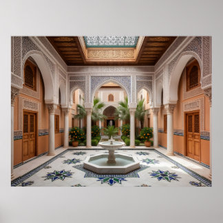 Poster Pátio do Grande Riad Marroquino com Fonte de Mármo