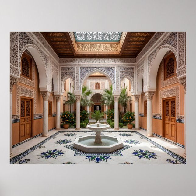 Poster Pátio do Grande Riad Marroquino com Fonte de Mármo (Frente)