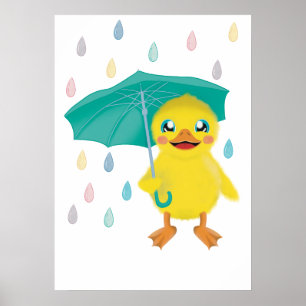 Poster Pato Fofo Com Guarda-Chuva Na Chuva De Arco-Íris