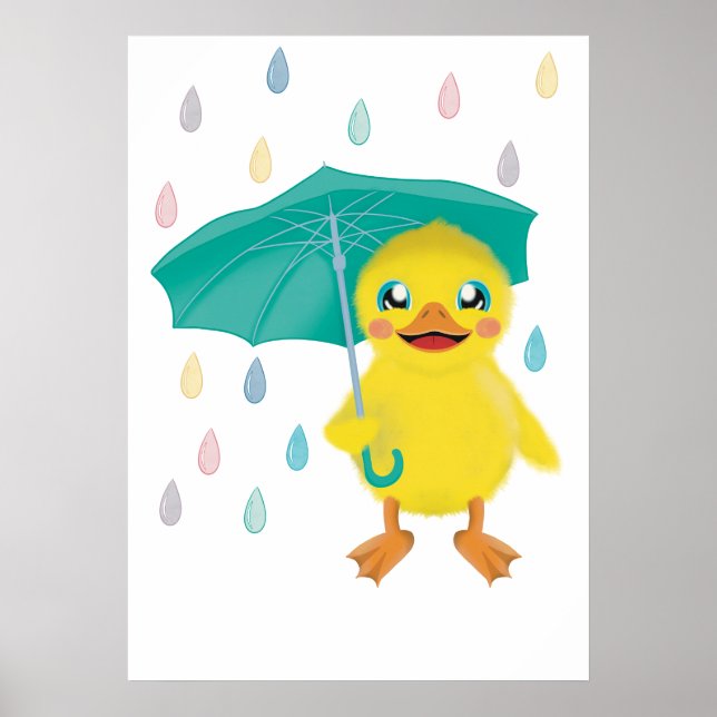 Poster Pato Fofo Com Guarda-Chuva Na Chuva De Arco-Íris (Frente)