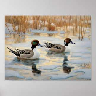 Poster Patos de Pintail em Snowy Pond