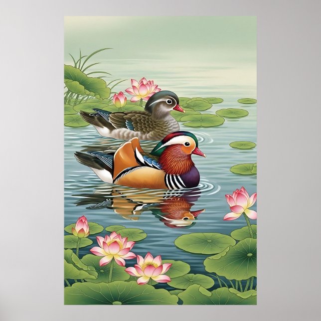 Poster Patos Mandarin Feng Shui Pintura - Amor e Harmonia (Frente)