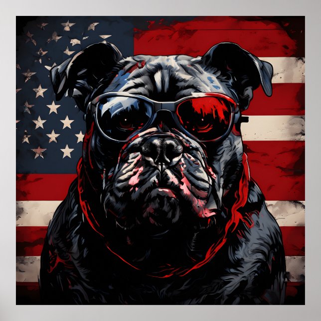 Poster Patriot Bulldog com bandeira americana 4 de julho (Frente)