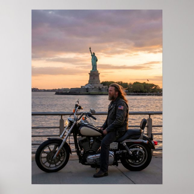 Poster Patriotic Biker Statue of Liberty Sunset Waterside (Frente)