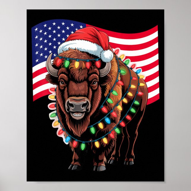 Poster Patriotic Bison Buffalo Christmas Usa Flag Holiday (Frente)