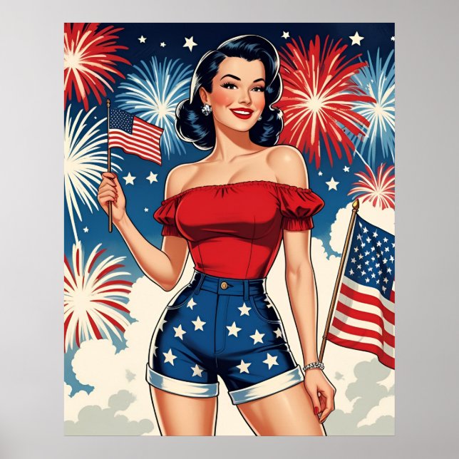 Poster Patriotic Pin-Up Girl – Retro 4th of July Style (Frente)