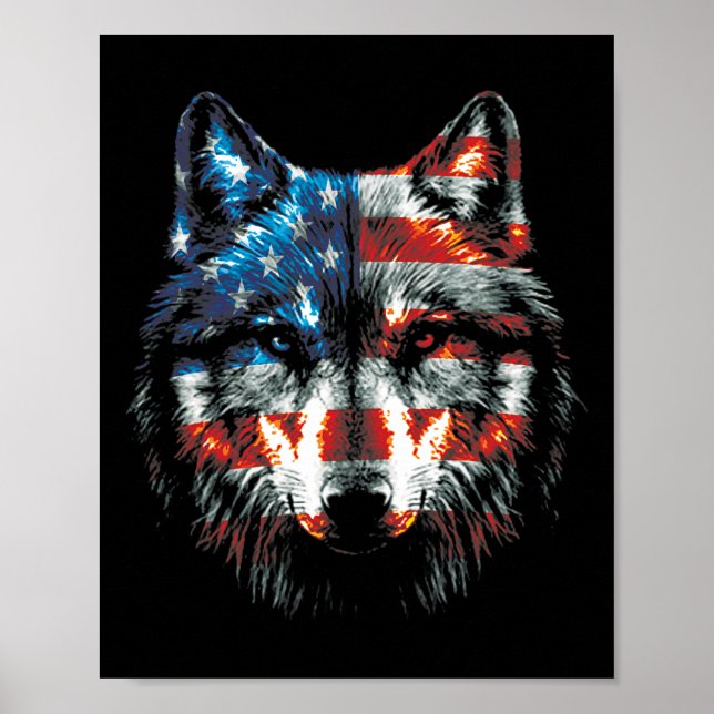 Poster Patriótico 4 de julho Wolf American Flag Wolf L (Frente)