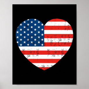Poster Patriótico Americano Flag Heart 4 de julho dos EUA