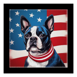 Pôster Patriótico Boston Terrier com bandeira americana