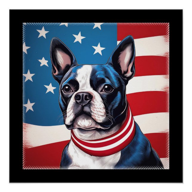 Pôster Patriótico Boston Terrier com bandeira americana (Frente)