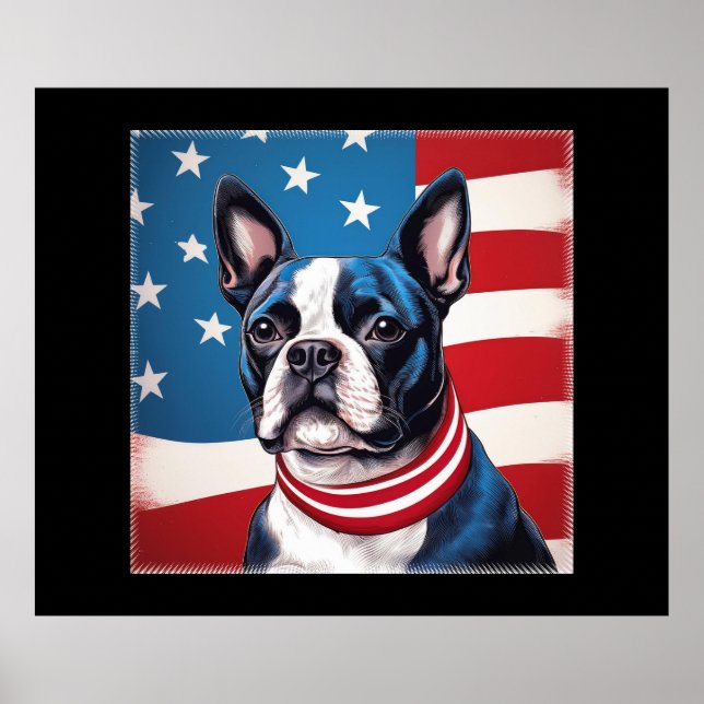 Poster Patriótico Boston Terrier com bandeira americana (Frente)