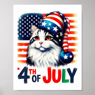 Poster Patriótico Cat 4 De Julho Americano Bandeira Funny
