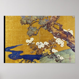 Poster Paulownias e Chrysanthemums brancos, Sakai Hoitsu