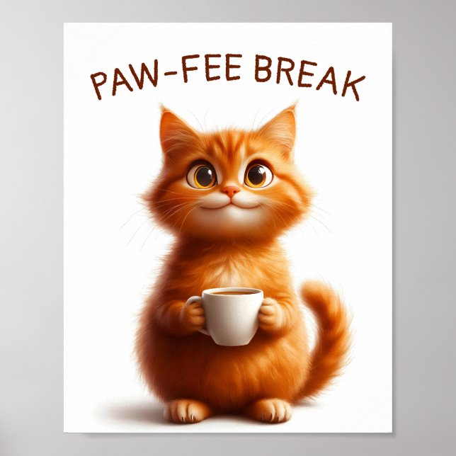 Poster Pausa para o Pawfee: Gato Ginger Engraçado com Caf (Frente)