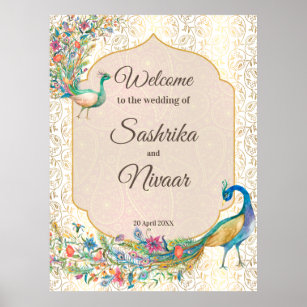 Poster Pavão árabe padrão do casamento indiano bem-vindo