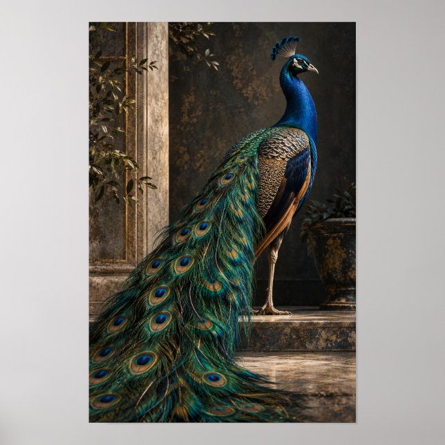 Poster Pavão Azul com Cauda Iridescente em Gar clássico (Frente)