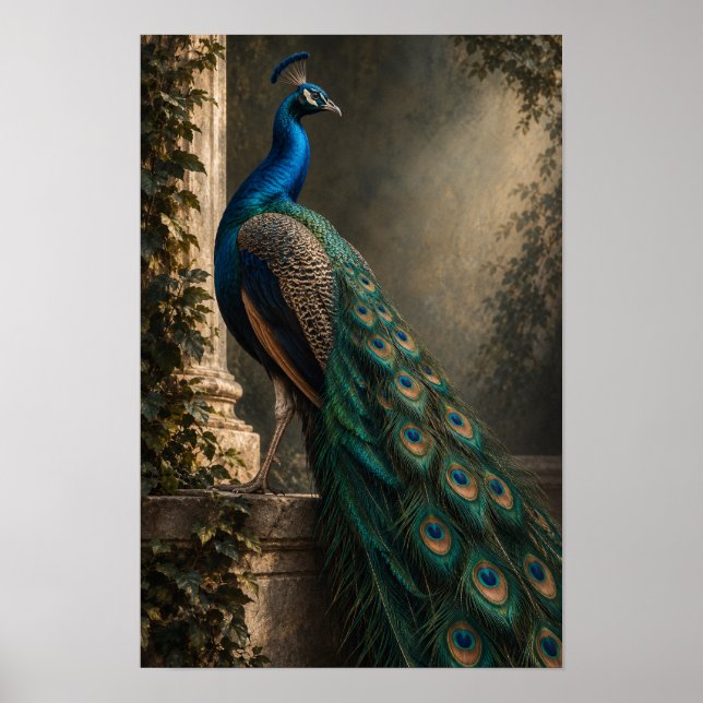 Poster Pavão Azul com Penas da Cauda Esmeralda Vida Selva (Frente)