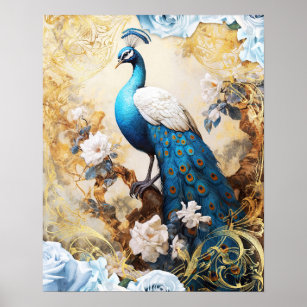 Poster Pavão Azul e Flores