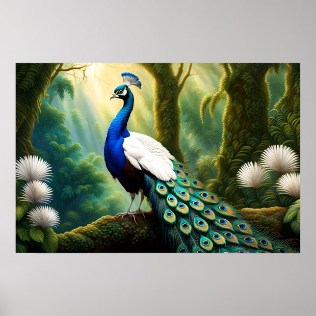 Poster Pavão branco-majestoso e azul na floresta (Frente)