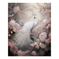 Pavão branco romântico e flores cor-de-rosa esmaga