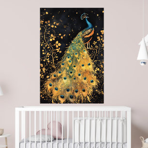 Poster pavão com plumagem vibrante azul e dourada