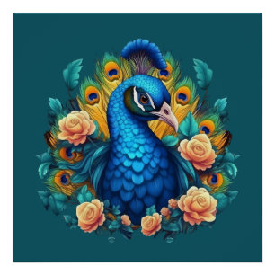 Pôster Pavão Com Rosas Pêssego