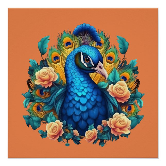 Pôster Pavão Com Rosas Pêssego (Frente)