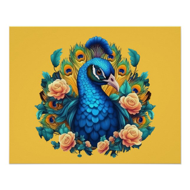 Pôster Pavão Com Rosas Pêssego (Frente)